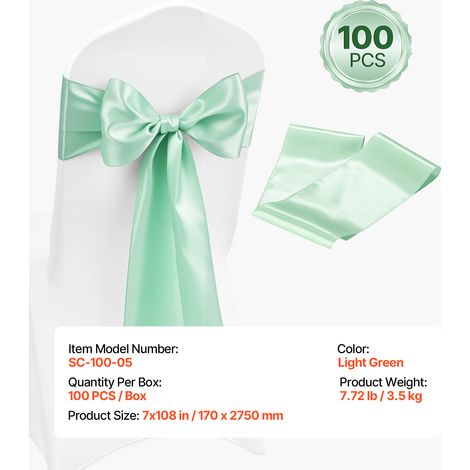 VEVOR Satin Chair Sashes Bows, 100PCS Chair Ribbon Ties Back Sash, 7 x 108 inch, Light Green Wedding Reception Decoration, for Wedding Ceremony Baby Shower Party Events Banquet Chair Cover Decoration (1/4)