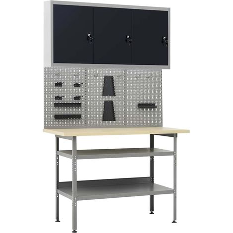 Établi d'atelier avec 3 panneaux muraux et 1 armoire, acier et bois, gris, 120 cm - PANGIVO (1/5)