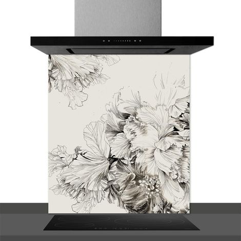 Fond de hotte décorative, fleurs au fusain noir et blanc 60x70 Fond de hotte