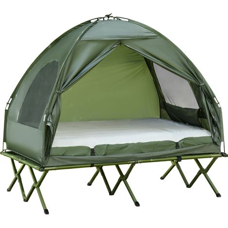 Ensemble de tente de camping pour 2 personnes avec lit de camp et matelas gonflable, vert