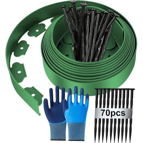 Bordure Jardin Exterieur, 15m (L) x 5cm (H) Bordure Pelouse Flexible Plastique, Bordurette Jardin Tonte, Garden Edging - 70 Piquet + 1 Paire Gants - Vert (1/5)