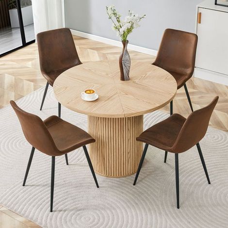 Table et Chaises de Salle à Manger 100 cm 4 Chaises table ronde plateau MDF aspect bois clair tissu high-tech assise élargie (1/5)