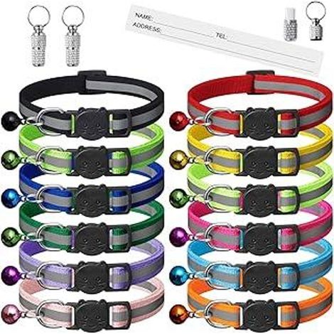 Lot de 12 colliers réfléchissants pour chats avec nom et adresse et fermoir de sécurité, colliers réglables pour chatons, accessoires personnalisés pour animaux de compagnie (12 couleurs et 2 étiquett