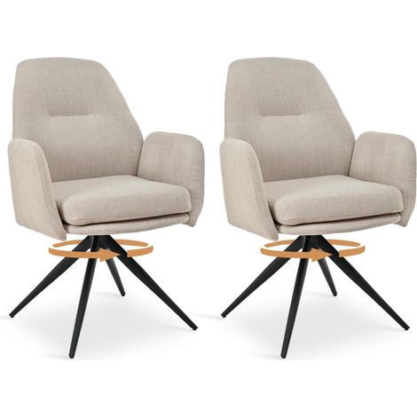 Drehstuhl 2er Set Beige mit Armlehnen, 360° drehbar, Polsterstuhl aus Leinen (1/5)
