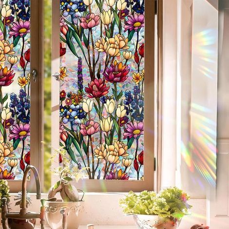 43 x 200 cm Fensterfolie mit floralem Regenbogenmuster, UV-Schutz und Farbauswahl (1/5)