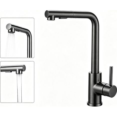 Ausziehbare Küchenarmatur Edelstahl 360° drehbar Einhebelmischer Hochdruck Küchenmischer Warm Kaltwasser Gunmetal Grau (1/5)