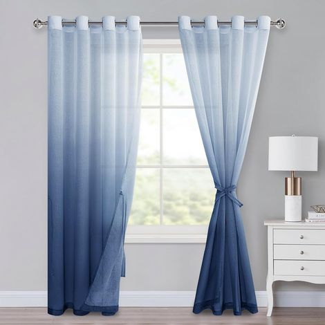 Lot de 2 voilages dégradés ombrés pour chambre à coucher et salon - Rideaux à passants avec embrasses - 225 x 140 cm (H x l) - Bleu denim (1/5)