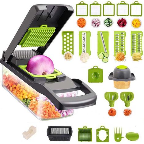 Coupe-légumes multifonction 21 pièces, mandoline manuelle pour tomates, pommes de terre, carottes et oignons, hachoir à dés en acier inoxydable, outil de cuisine pratique pour découper légumes, 21 acc (1/5)