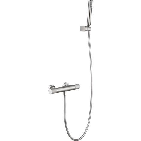 IMEX Set Duscharmatur Serie LINE gebürstetes Nickel Thermostatkartusche TURN CLEAN Messingkörper PVC Schlauch ABS Duschhalter runder Duschgriff aus Zamak – Modell Imex-BTD038-5NQ (1/2)