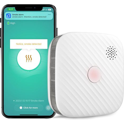 Detecteur de Fumée Connecté avec Capteur Photoélectrique et Pile Remplaçable, Détecteur de Fumée WLAN (1 Pack) (1/5)