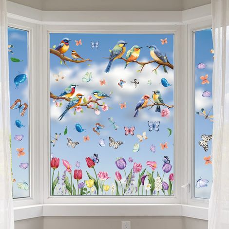 Images de fenêtre de printemps, 9 feuilles d'autocollants de fenêtre, oiseaux, fleurs, papillons, décoration de fenêtre, printemps, film de fenêtre, chambre d'enfant, réutilisable, décoration de print