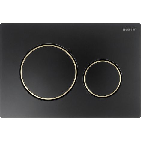 Plaque de déclenchement double chasse Geberit Sigma20 pour WC suspendu, plaque noir mat et contours dorés, 246×164×12 mm, pose sans outil (1/4)