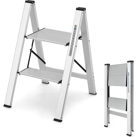 COSTWAY Trittleiter 2 Stufen Stehleiter, Aluminium Klappleiter bis 150 kg, Klapptritt Klappbar & rutschfest, Leiter Tritthocker Haushaltsleiter, für Zuhause Büro Garage, Silber (1/5)
