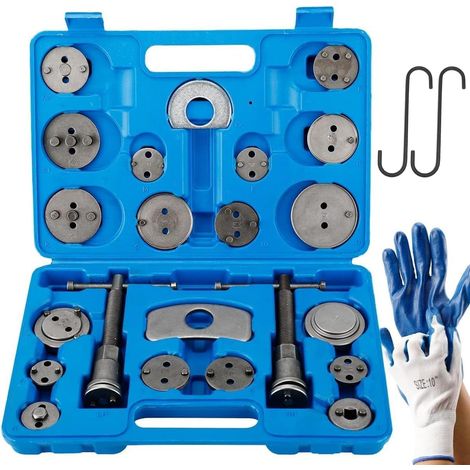 Kit d'outils d'étrier de frein 24 pièces - Kit de réinitialisation de piston de frein avec filetage à droite et à gauche, 18 adaptateurs, 2 supports de frein, mallette et gants (1/5)