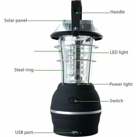 Lanterna solare, luce da campeggio a LED ultra luminosa, 2 modalità di illuminazione regolabili, 5 metodi di ricarica, con dinamo a manovella, lunga durata dell'illuminazione per campeggio, escursioni (1/5)