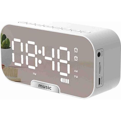 Réveil miroir numérique avec haut-parleur Bluetooth, radio FM, double alarme, lecteur de musique portable rechargeable, support pour carte TF et support pour téléphone. (1/5)