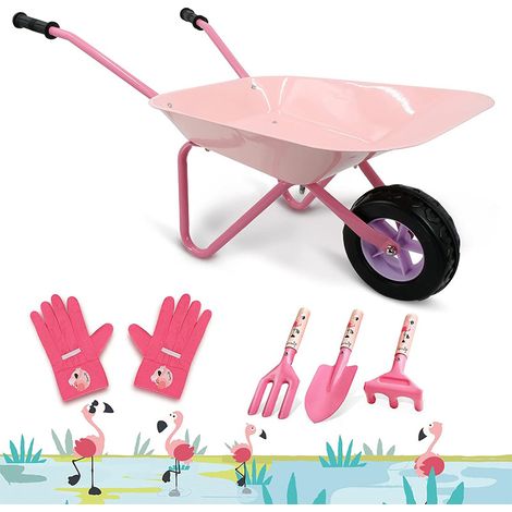 Ensemble brouette de jardin pour enfants avec outils, vert et rose, kit jardinage (1/5)
