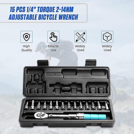 Llave dinamométrica de 15 piezas de 1/4", 2-14 Nm, ajustable, para bicicleta de montaña o de carretera, barra de extensión con conector hexagonal, kit de herramientas de reparación de bicicletas (1/3)