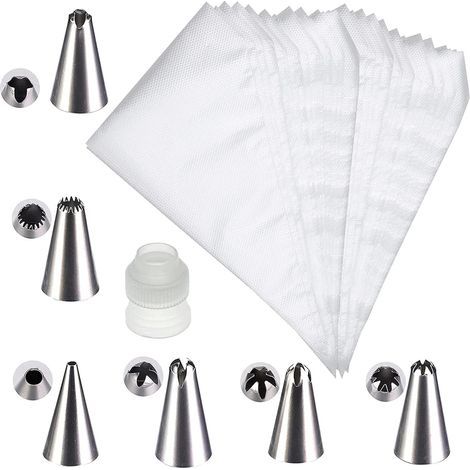 100 poches à douille jetables avec 1 adaptateur professionnel et 6 douilles réutilisables, grande poche à douille pour pâtisserie (30 x 20 cm). (1/5)