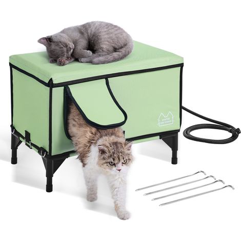 Maison Chat Surélevée Chauffante, Niche Chat Extérieur avec Coussin Chauffant, Température Réglable, Minuterie, Abri d'Hiver pour Chats Pliable en Tissu Oxford 900D pour Rester au Chaud, Vert, M (1/5)
