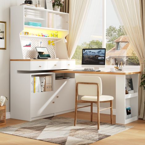 Armoire de Rangement Haute 178cm avec Bureau Extensible et Éclairage LED App, Portes Coulissantes en Acrylique et 3 Tiroirs, Blanc et Effet Bois Multifonctionnel (1/5)