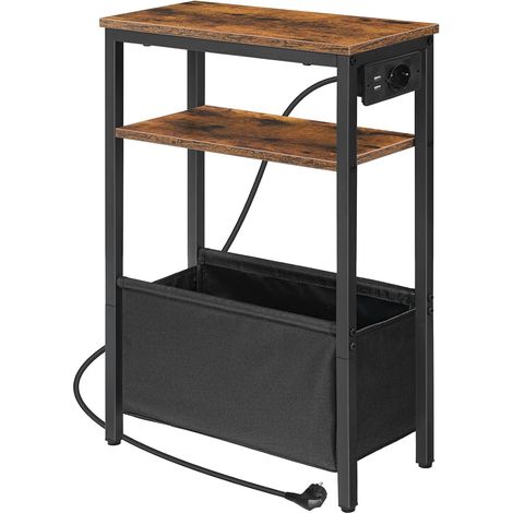 Table d’Appoint étroite, Table de Chevet avec Station de Charge et Rangement, Bout de Canapé avec Prise et Ports USB, pour Petit Espace, Chambre, Salon, Marron Rustique et Noir (1/5)