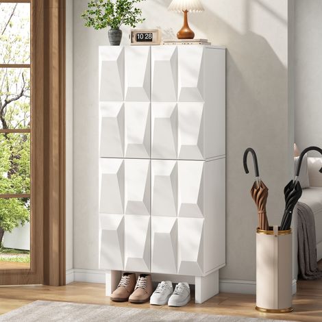 Scarpiera 60,5 x 34 x 135,5 cm credenza alta compatta con 4 ante effetto rilievo diamantato armadio multiuso in legno per ingresso corridoio e soggiorno - Bianco (1/5)