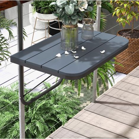 Tavolo da balcone sospeso pieghevole in alluminio nero, piano effetto legno 60 x 40 cm, altezza regolabile (1/5)