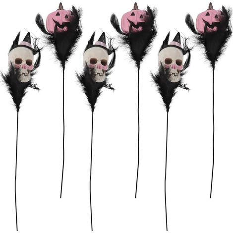 6pièces Bouquet Halloween pour Table Décorations de Tête de Mort avec Plumes Composition de Citrouille pour Fête Halloween (1/5)
