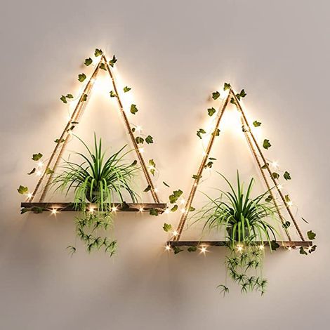 Estantería de pared LED marrón para plantas decorativas, 43 x 48 cm – Estantería colgante rústica con flores artificiales e iluminación para salón, oficina o decoración del hogar – 2 unidades