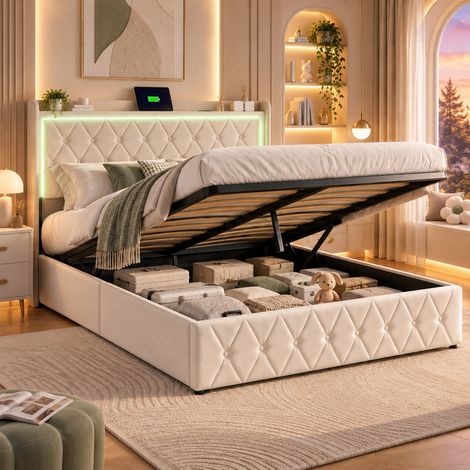 Lit double 140x190 cm avec sommier, Lit coffre en velours beige, LED et USB, rangement hydraulique, pour chambre parentale moderne (1/5)