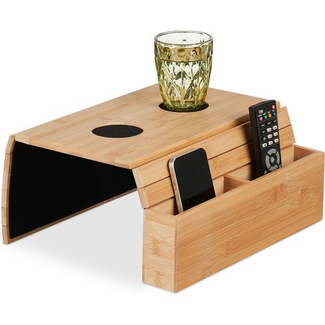 Relaxdays Sofatablett Armlehne, Bambus, HBT: 5,5 x 50 x 33,5 cm, Sofaablage mit Untersetzern, 2 Fächer, natur/schwarz