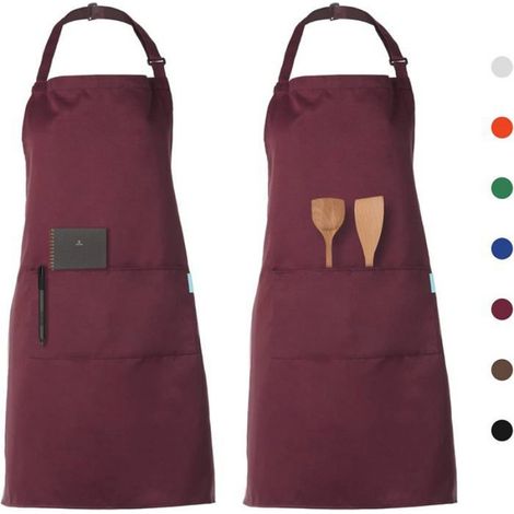 Tablier De Cuisine - Polyester Et Coton - Ceinture Cou Réglable - 2 Poches - Pour Cuisine Pâtisserie Jardinage - Lot De 2 (1/4)