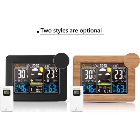 Station météo couleur intérieure/extérieure avec thermomètre, hygromètre, baromètre, horloge électronique de table et prévisions météo, capteur extérieur. (1/2)
