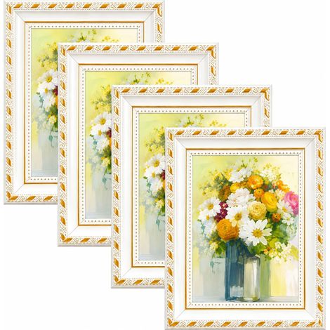 Lot de 4 cadres photo blancs A4 Ensemble de cadres photo vintage ornés pour montage mural ou de table Cadre blanc classique pour photos de 21 x 29,7 cm, mur de galerie, mariages et décoration (1/5)