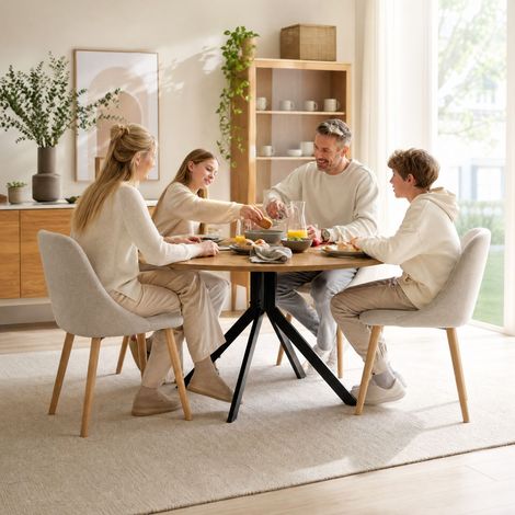 Geourvant 5-Piece Dining Table Sets with Round Oak Veneer Dining Table and 4 Chairs - Beige Dining Chairs (1/5)