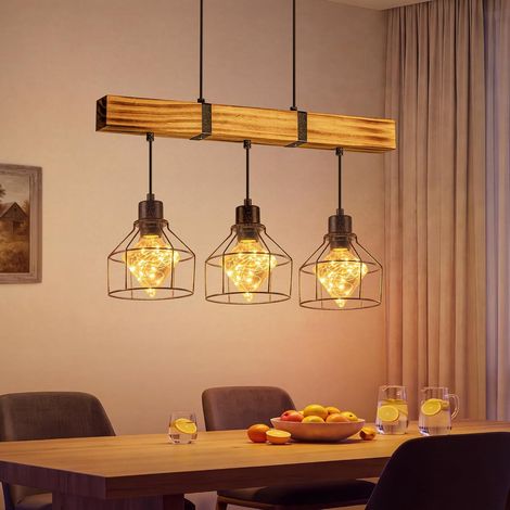 ZMH Suspension Vintage E27 3 Lumières, Bois et Métal Noir, Hauteur Réglable pour Salle à Manger (1/5)