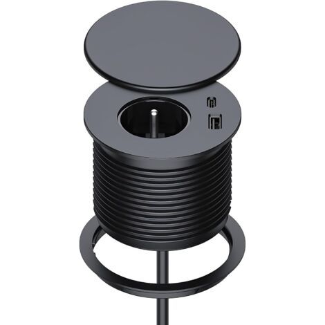 Multipresa da incasso con 1 presa, 1 porta USB-C, 1 porta USB-A, diametro 75 mm, cavo da 1,5 m, presa di corrente da tavolo per cucina, ufficio, mobili, nera