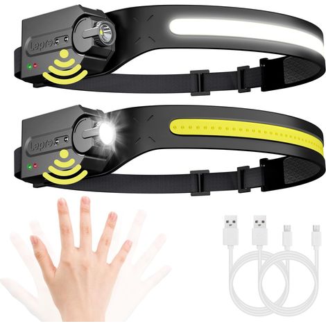 Lampe Frontale Rechargeable LED, Lot de 2 Lampe Frontale LED Ultra Puissante avec 5 Modes d’Éclairage Détecteur de Mouvement, 230°COB Faisceau Large & Réglable Spotlight pour Camping, Pêche