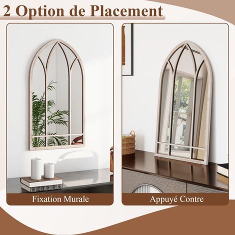 Miroir de fenêtre de ferme, grand miroir mural arqué avec cadre métallique, miroir décoratif anti-explosion, intérieur/extérieur, 83 x 48 cm - gris rustique (1/5)