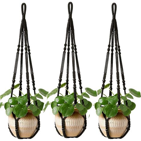 3Pcs Jardinage Panier de Plantes Vertes Suspension de Pot de Fleur avec Corde en Coton,Support de Jardinière Décoratif,89cm, noir (1/5)