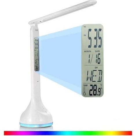 Lampe de Bureau LED Pliable Dimmable Tactile Lampe de Table Rechargeable avec Calendrier Température Réveil Veilleuses (1/4)