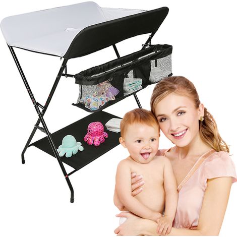 Haloyo® klappbare Wickelkommode Wickeltisch, Wickeltisch mit Aufbewahrungskorb, 4 Rollen, Schwarzweiß