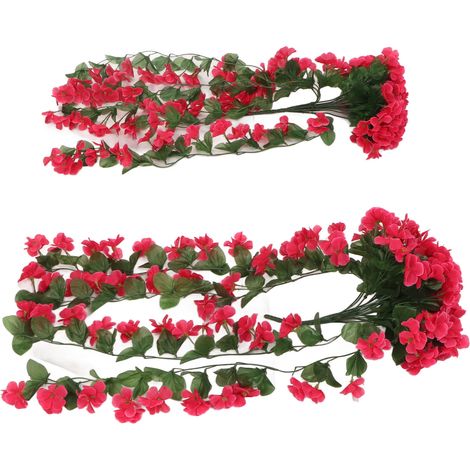 Lot de 2 fleurs artificielles violettes suspendues, plantes en plastique simulant la couleur rouge, pour la décoration de jardin, terrasse, porche ou mariage. (1/5)