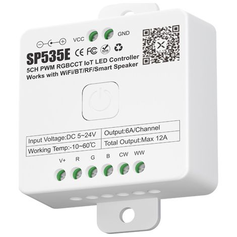 The SP535E dual-mode Bluetooth/WiFi RGB CCT PWM controller supports Baidu, Xiao Ai, and Google smart voice assistants.