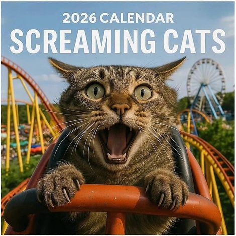 Calendario de pared 2026 de gatos graciosos gritando, regalo para familiares y amigos. (1/5)