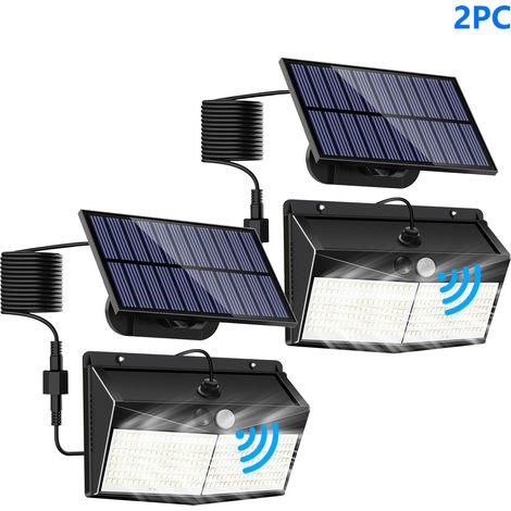 Lot de 2 Lampes Solaires Extérieures 348 LED, Applique Murale Solaire Triangulaire avec Panneau Séparé, Détecteur de Mouvement PIR, Lumière Blanc Froid, IP65 Étanche, Projecteur Solaire pour Jardin, T (1/4)