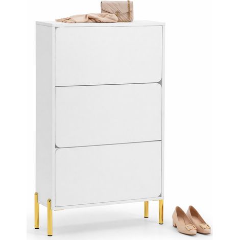 Meuble à chaussures blanc à trois portes, design minimaliste avec pieds dorés, rangement vertical peu encombrant pour entrée, couloir ou balcon - CHICFURN (1/5)