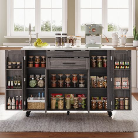 Îlot de cuisine mobile 136 x 70 x 92 cm avec plateau extensible, gris DESVIAE (1/5)