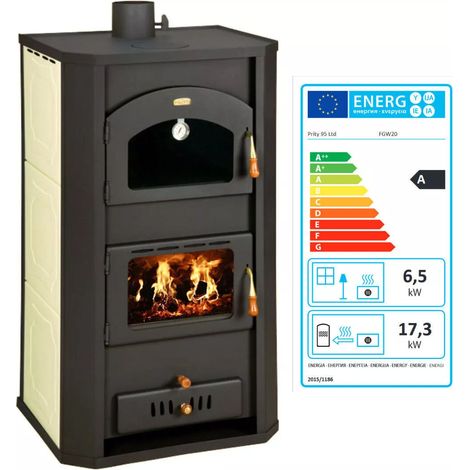 Estufa de leña con horno para sistema de calefacción central, estufa de cocción con caldera integral de 6 + 20 kw de potencia de calentamiento, modelo "Prity FG W20" (1/5)